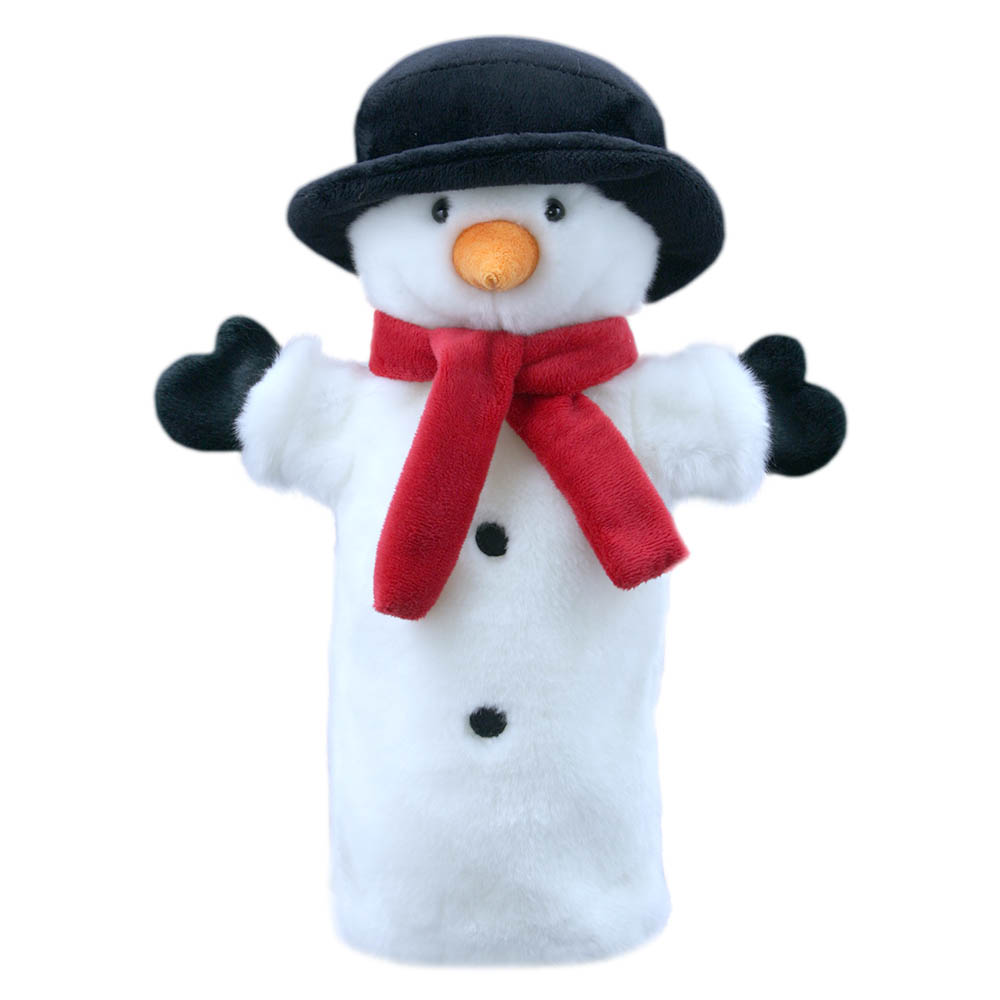 The Puppet Company baby hand puppet snowman, white puppet with a black top hat and a red scarf