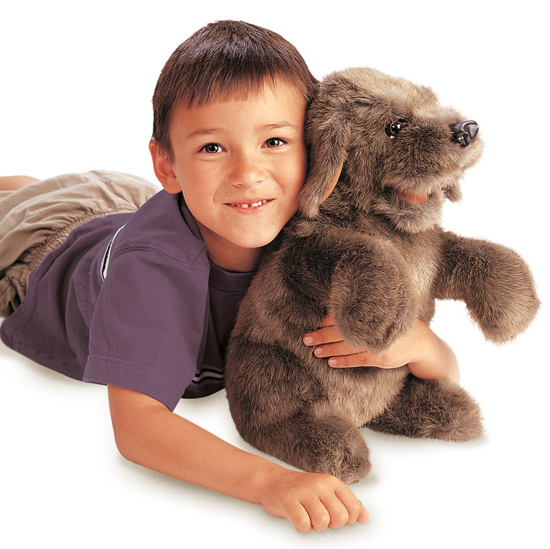 Junge umarmt die graubraune Folkmanis Handpuppe sitzender Hund mit weichem Fell und schwarzer Nase