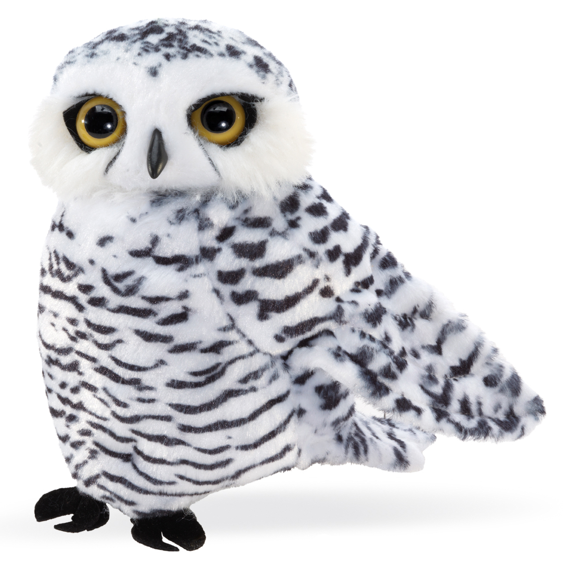 Folkmanis small snowy owl hand puppet made of white plush with black-and-white patterning and golden-yellow eyes, front view