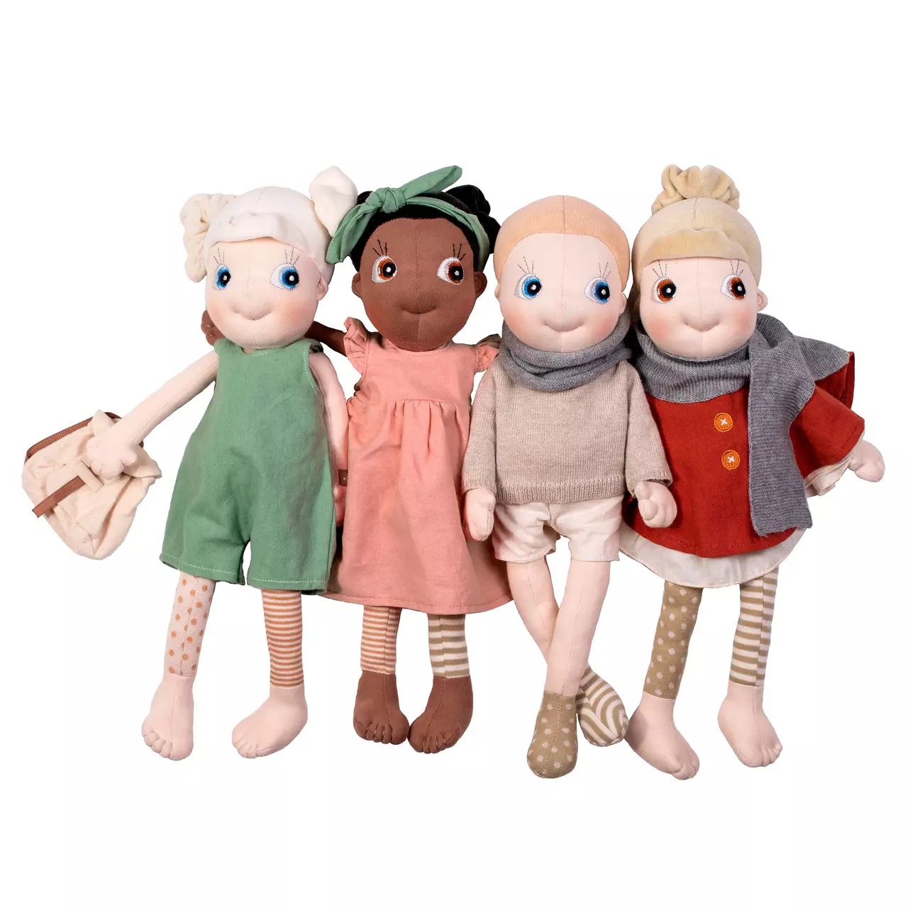 The Rubens EcoBuds dolls in the four seasonal outfits side by side in the studio