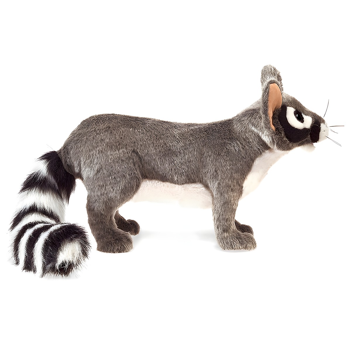 Folkmanis ringtail cat hand puppet in side view, grey-white fur, black eye mask, long black-and-white striped tail
