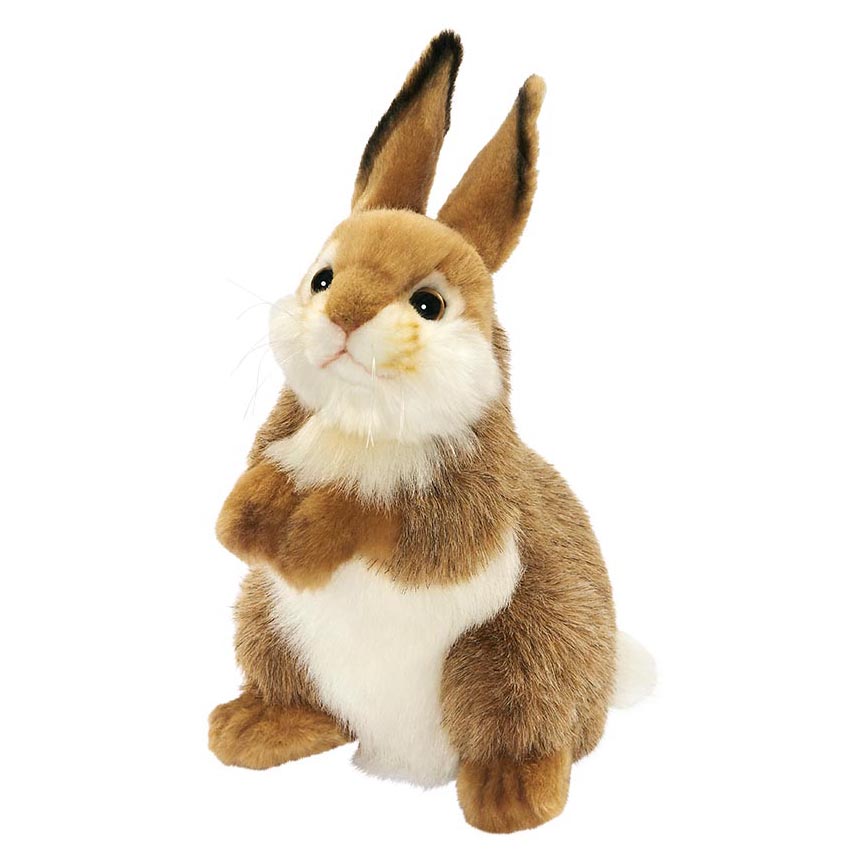 Upright standing rabbit by Hansa Creation as a plush figure in beige-brown with a white chest and long ears
