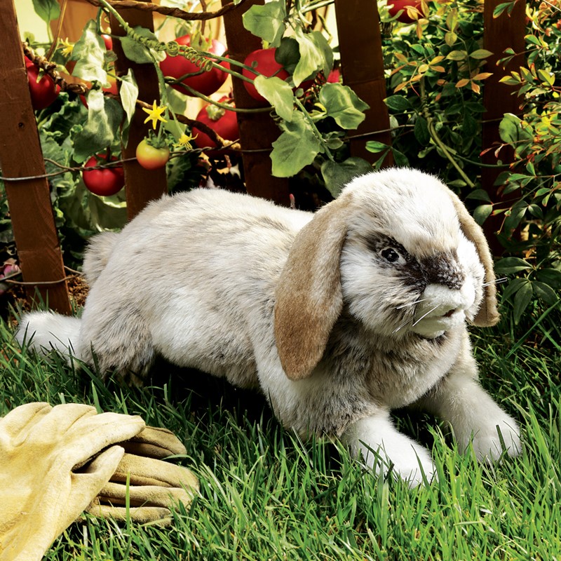 Folkmanis Handpuppe Widderkaninchen mit grau-beigem Fell und herabfallenden Ohren, liegend auf Gras vor Tomatenpflanzen