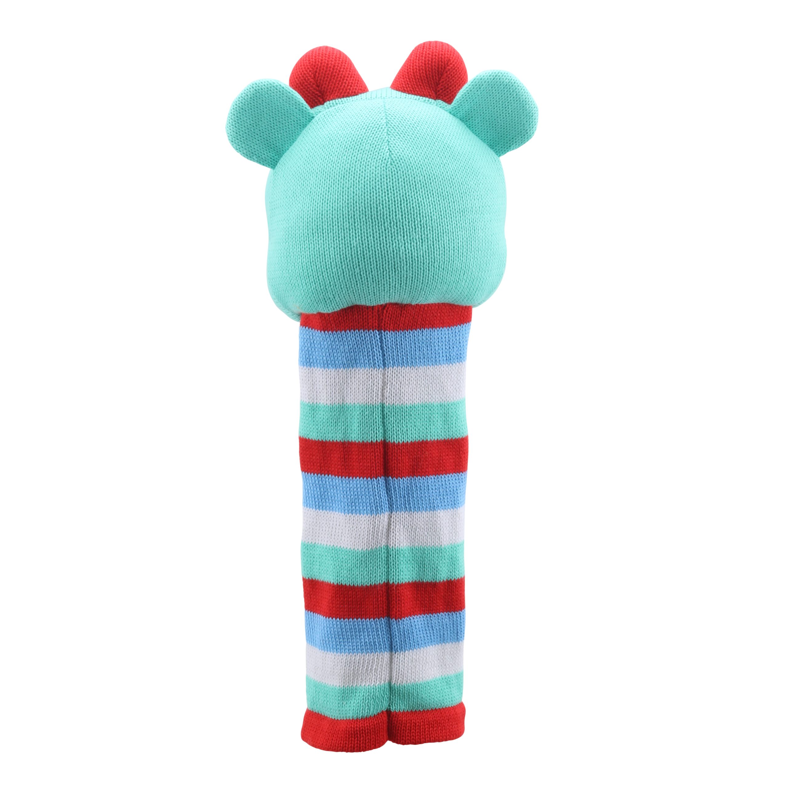 Monster Sockenhandpuppe Hope von der Puppet Company von hinten, mintgrüner Hinterkopf mit roten Ohrspitzen und rot-blau-weiß geringeltem Strickkörper