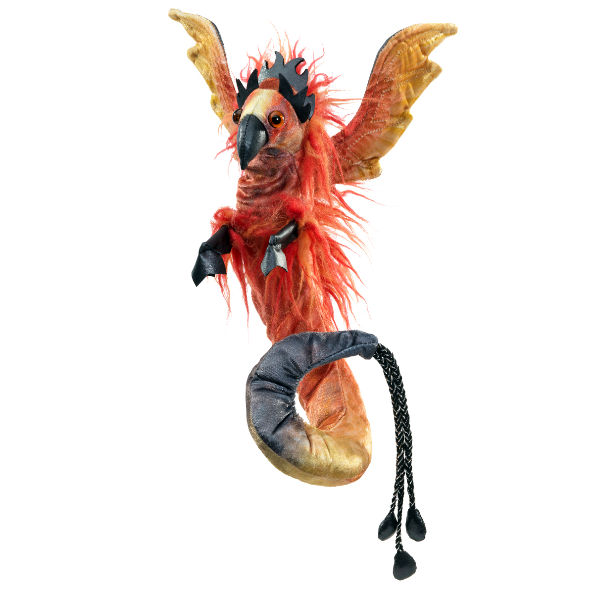 Folkmanis finger puppet phoenix with red feather plumage, black crown, golden wings, ringed tail, and wristlet cord
