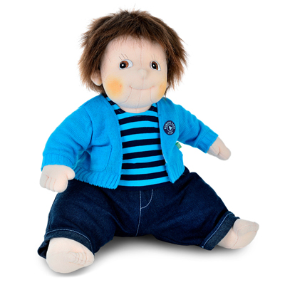Rubens Barn Original doll Emil with blue cardigan, striped shirt and jeans, sitting