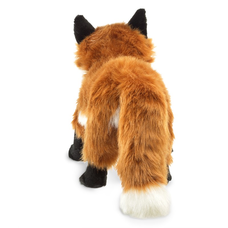 Folkmanis large red fox hand puppet seen from behind with reddish-brown fur, black paws and a bushy tail with a white tip