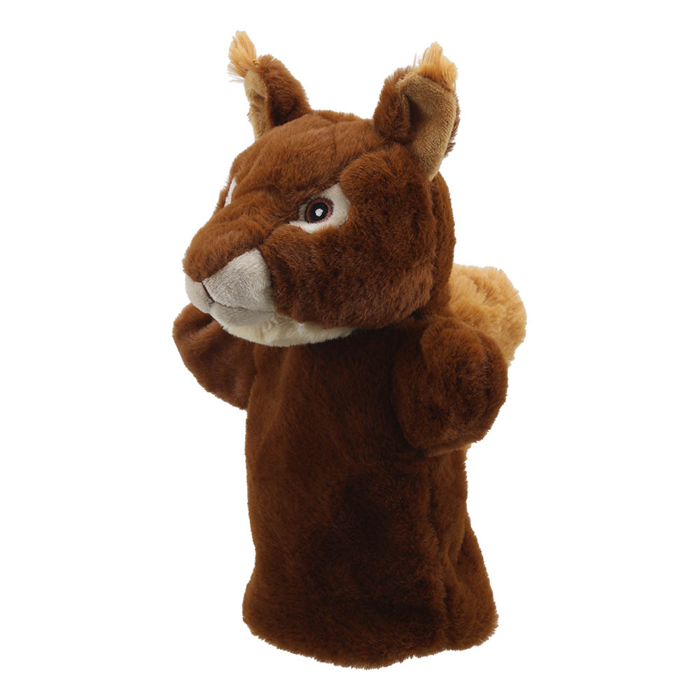 The Puppet Company hand puppet squirrel, side view with an upright bushy tail