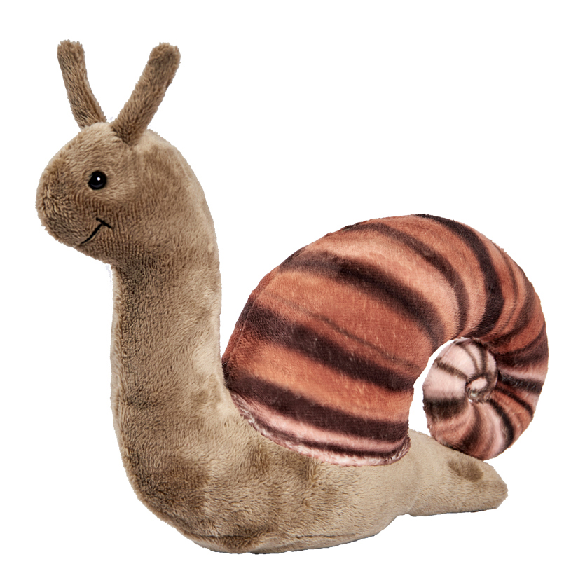 Snail plush toy by Anima with a beige body, brown striped shell and raised tentacles
