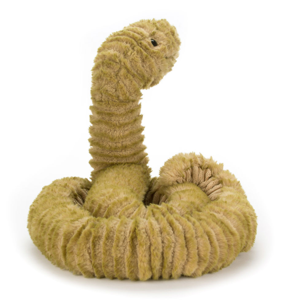 Jellycat plush toy Slither Snake, olive green ribbed plush toy, coiled with its head raised, front view