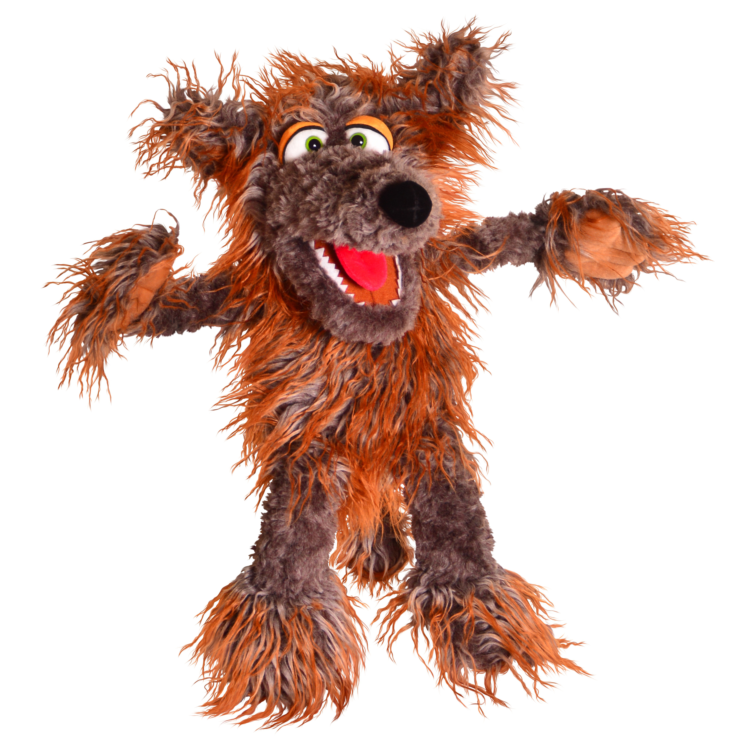 Living Puppets hand puppet Siegfried the wolf with brown and orange shaggy fur, green eyes and an open red mouth, arms spread wide