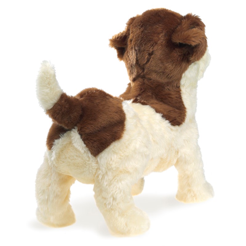 Folkmanis Jack Russell Terrier hand puppet, standing, brown and white plush fur, rear view