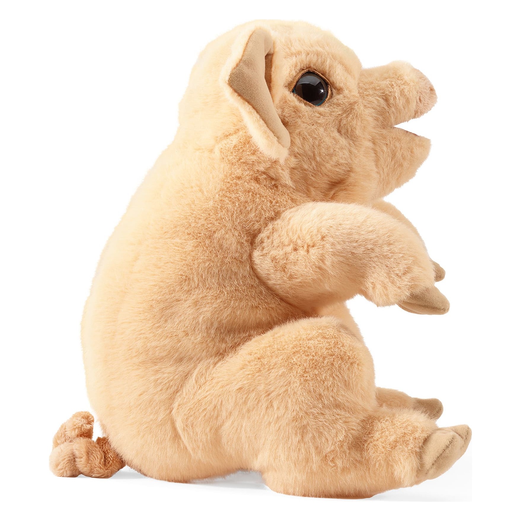 Folkmanis Handpuppe Schweinchen in hellem Beige mit geöffnetem Maul, Seitenansicht auf weißem Hintergrund