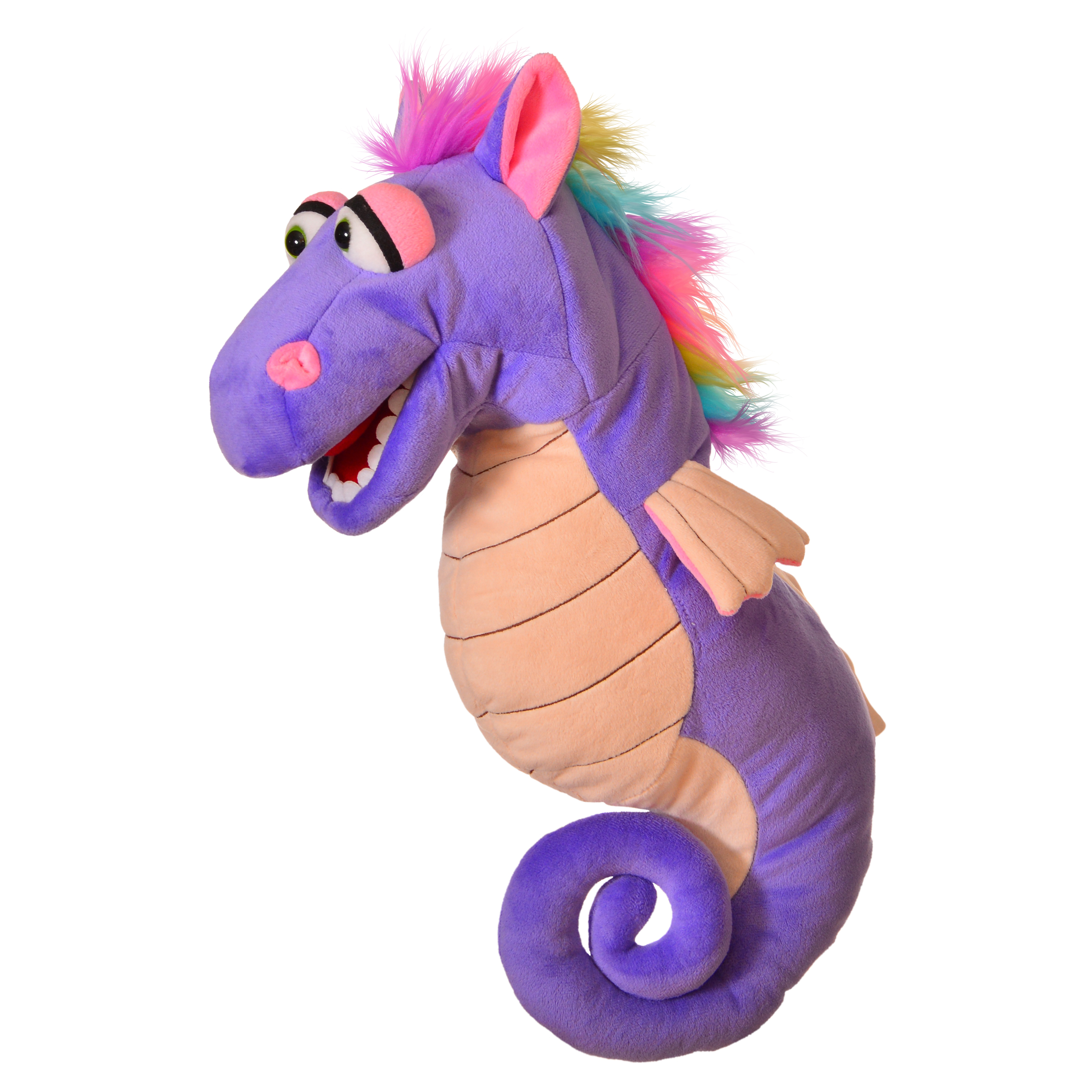 Handpuppe Törtchen das Seepferdchen von Living Puppets, lila Spielfigur mit lachsfarbenem Ringelbauch, bunter Regenbogenmähne und eingerolltem Schwanz im Seitenprofil