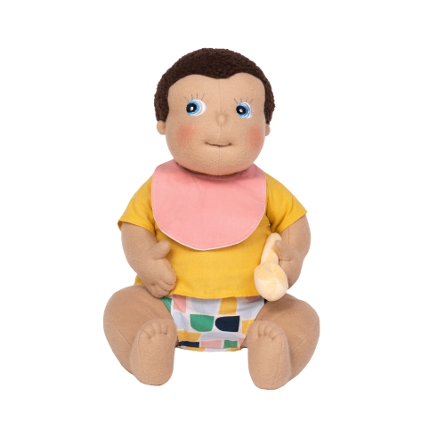 Rubens Barn baby doll with pink bib and plush banana from the feeding set