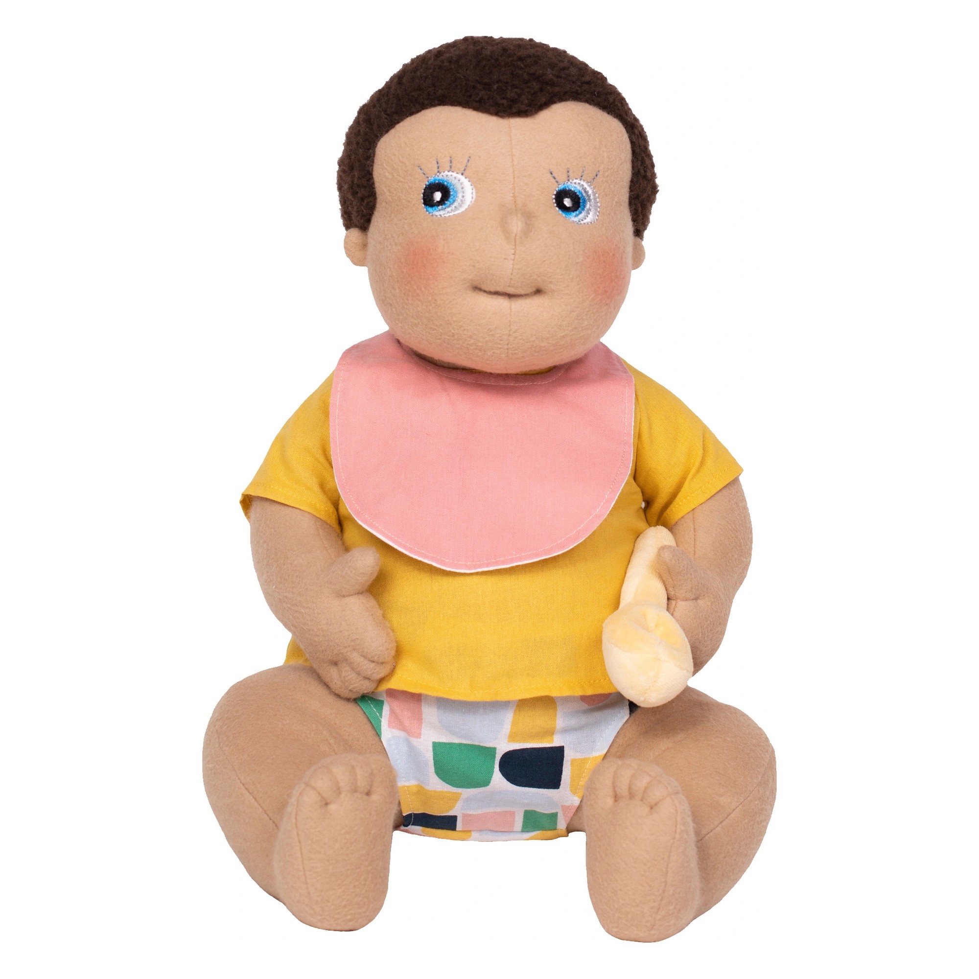 Rubens Barn baby doll with pink bib and plush banana from the feeding set