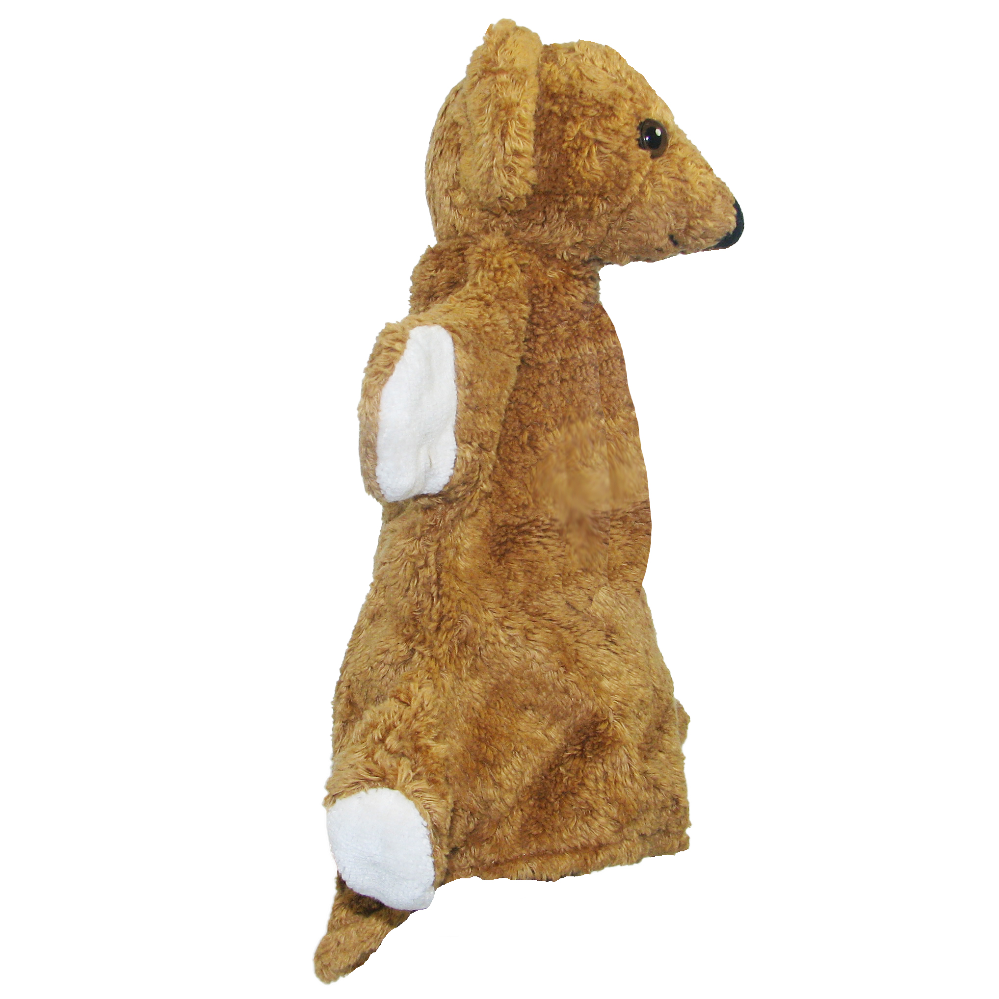 Kallisto hand puppet bear brown, side view with a white paw and a pointed muzzle