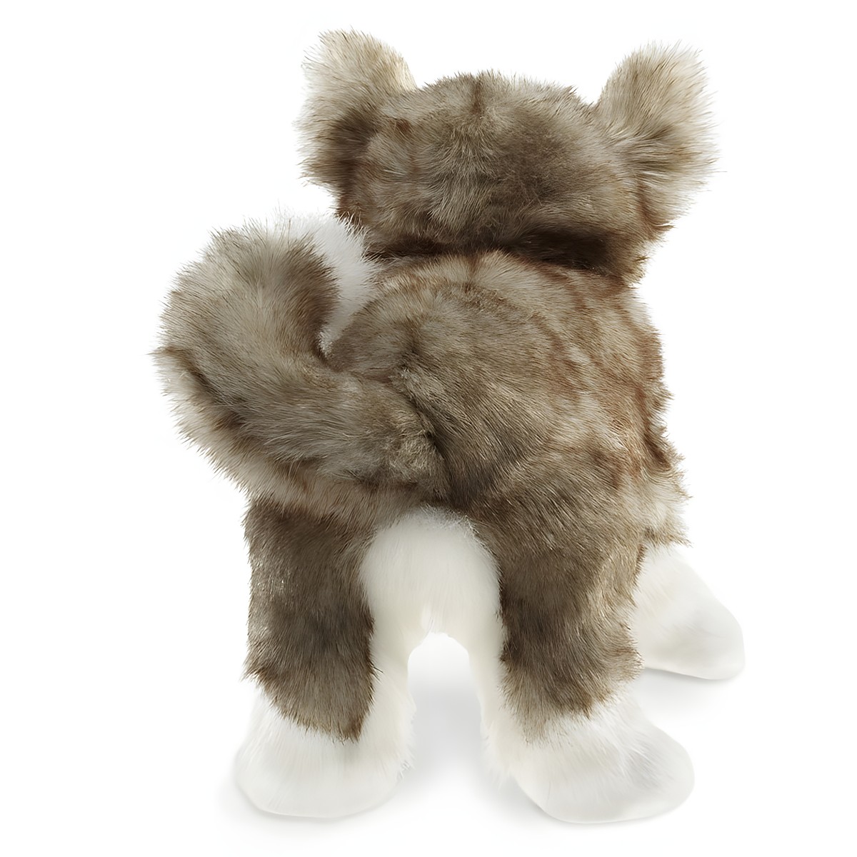 Folkmanis wolf pup hand puppet in brown and white, rear view showing curved tail and perked ears
