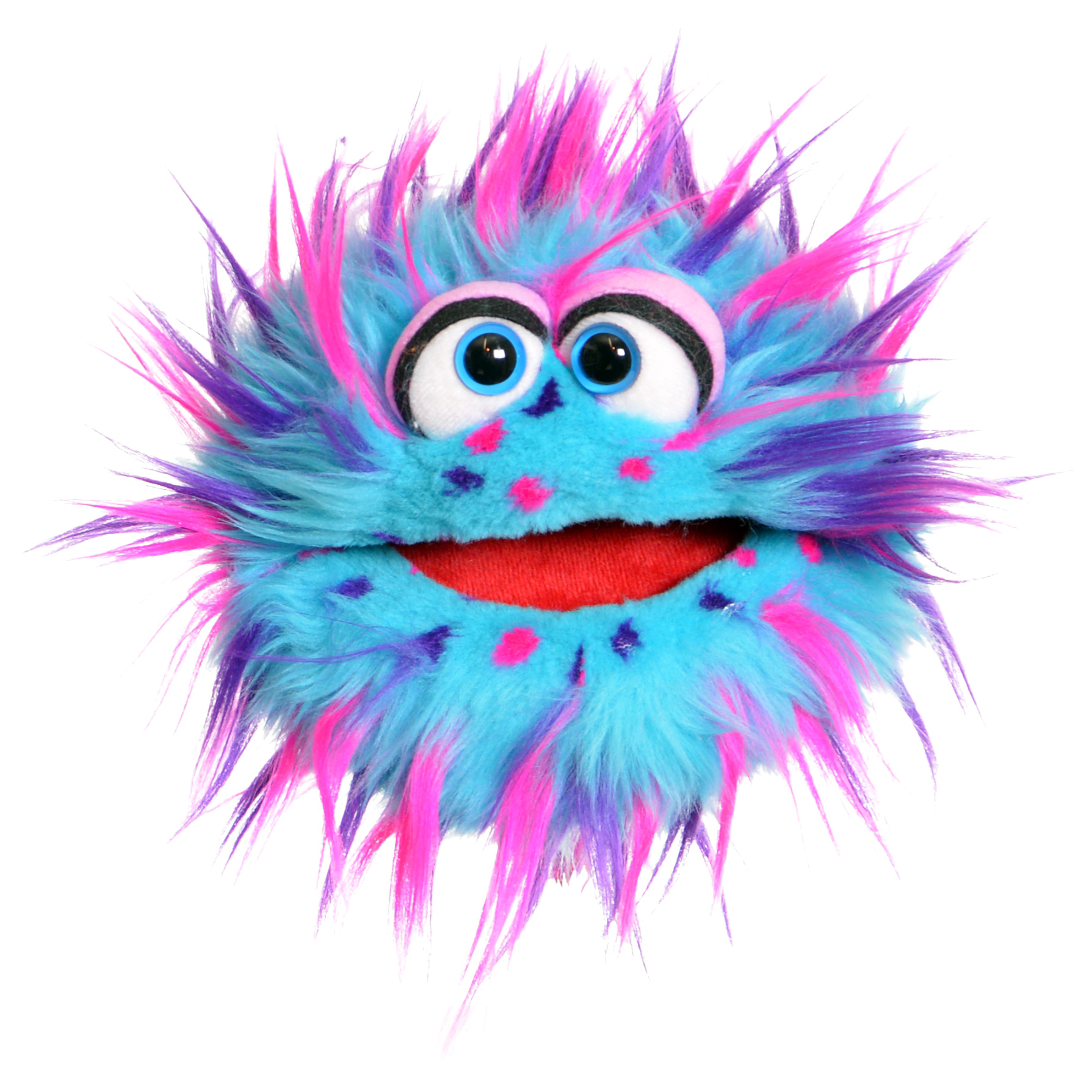 Living Puppets hand puppet Plops, blue shaggy monster with pink and purple strands and dots and an open red mouth, front view