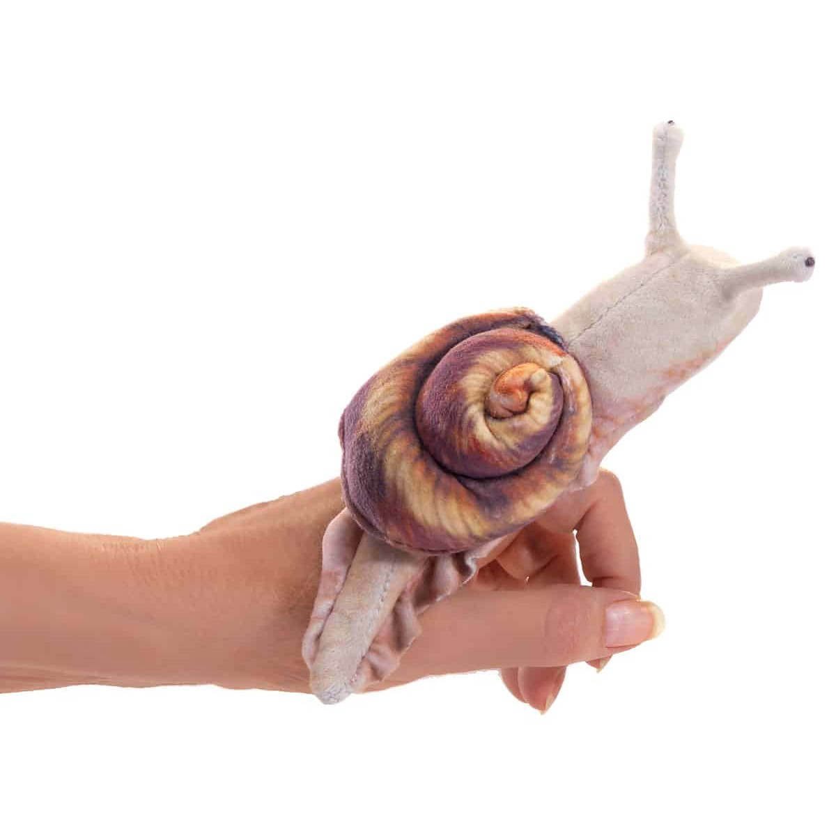 Folkmanis mini snail finger puppet with swirled brown shell and raised tentacles, worn on a hand