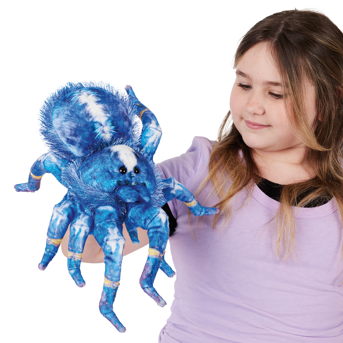 Folkmanis Handpuppe Blaue Vogelspinne in Blau-Weiß auf der Hand eines Mädchens, Frontansicht mit erhobenen Vorderbeinen