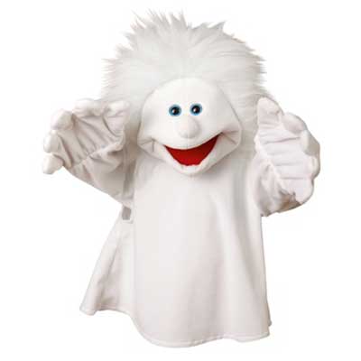 Living Puppets hand puppet ghost in white with tousled tuft and red moving mouth