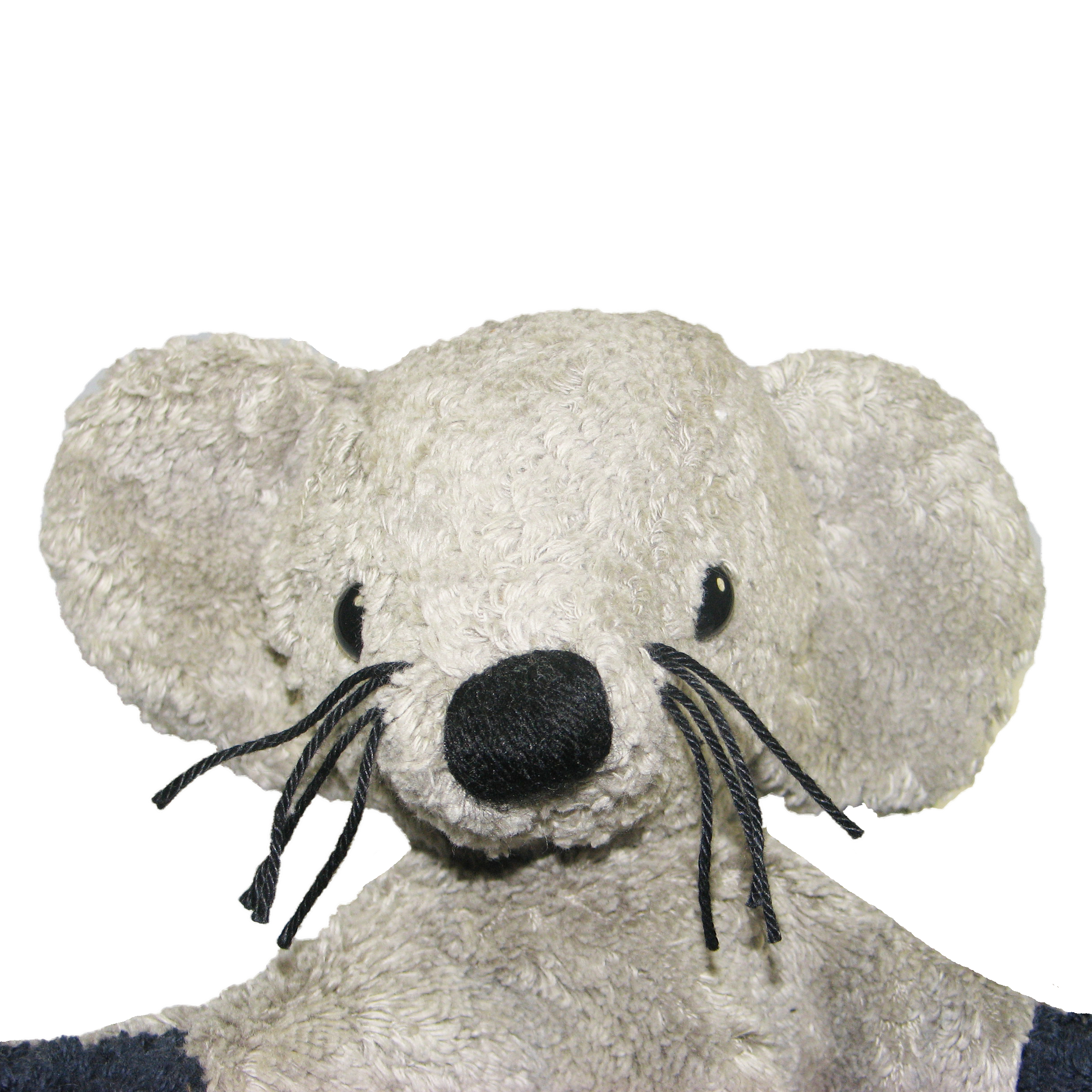 Kallisto hand puppet grey mouse, portrait with large round ears, a black nose and long dark whiskers