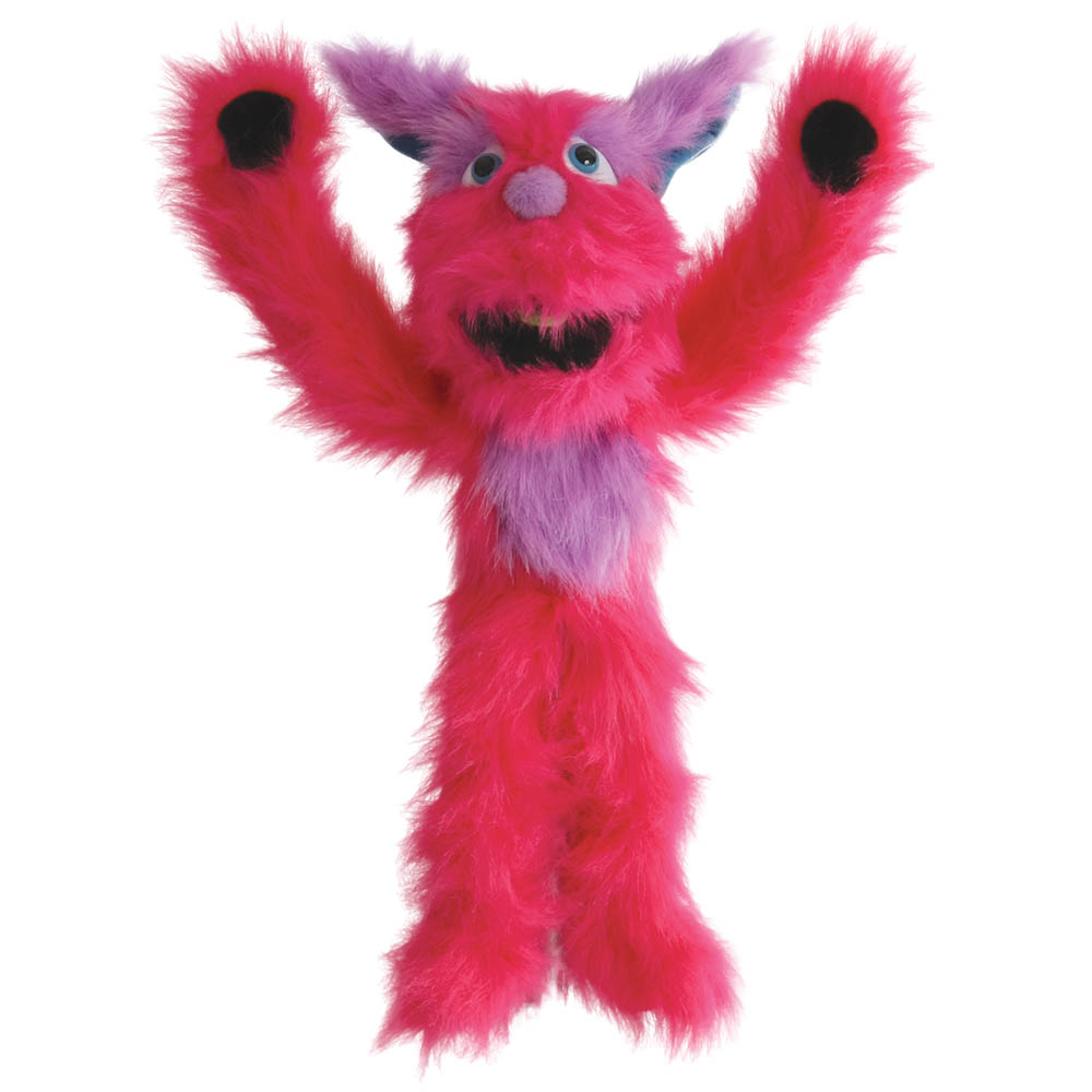 The Puppet Company monster hand puppet pink, pink shaggy monster with purple ears, arms raised upward