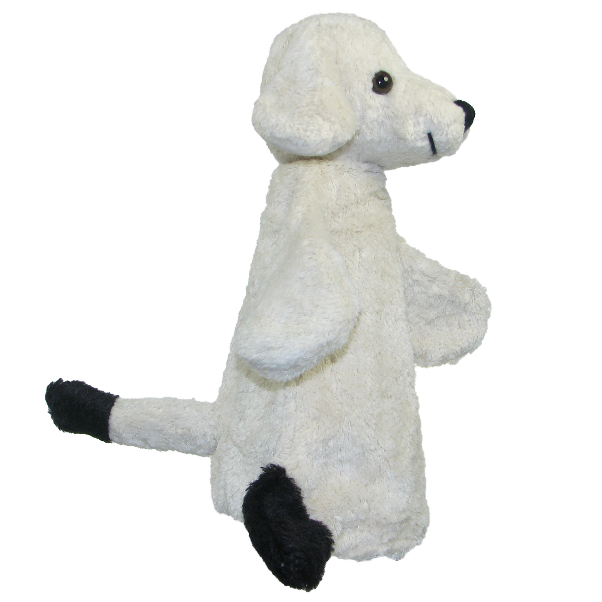 Kallisto hand puppet dog Bello side view, cream-white natural-material puppet with a black tail and black paw