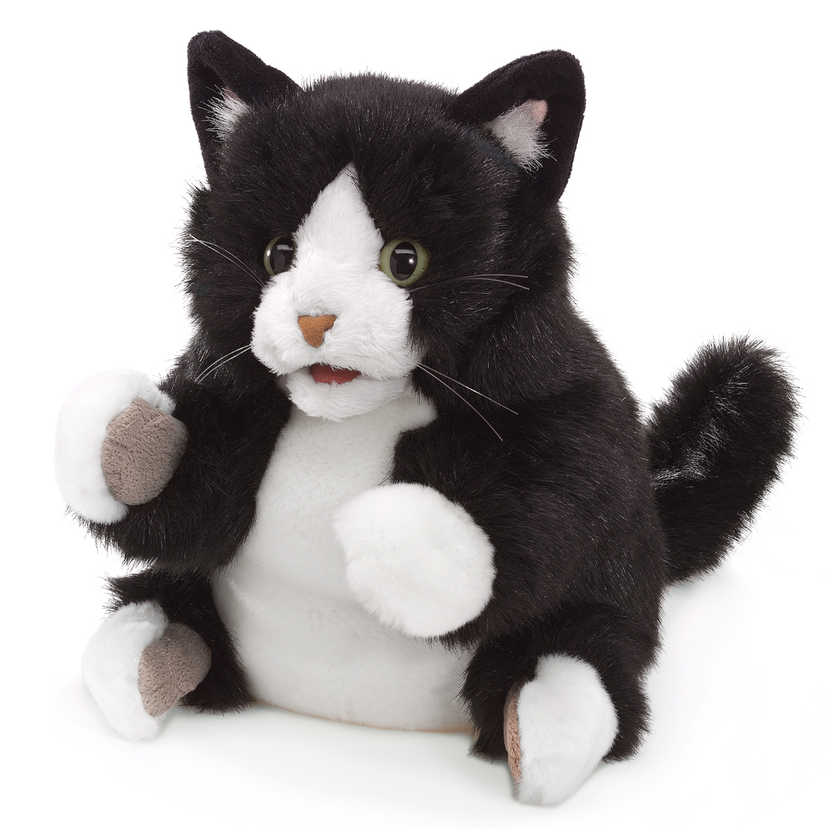 Folkmanis Handpuppe Tuxedo Kätzchen in Schwarz-Weiß mit geöffnetem Maul und erhobener Pfote, Frontansicht