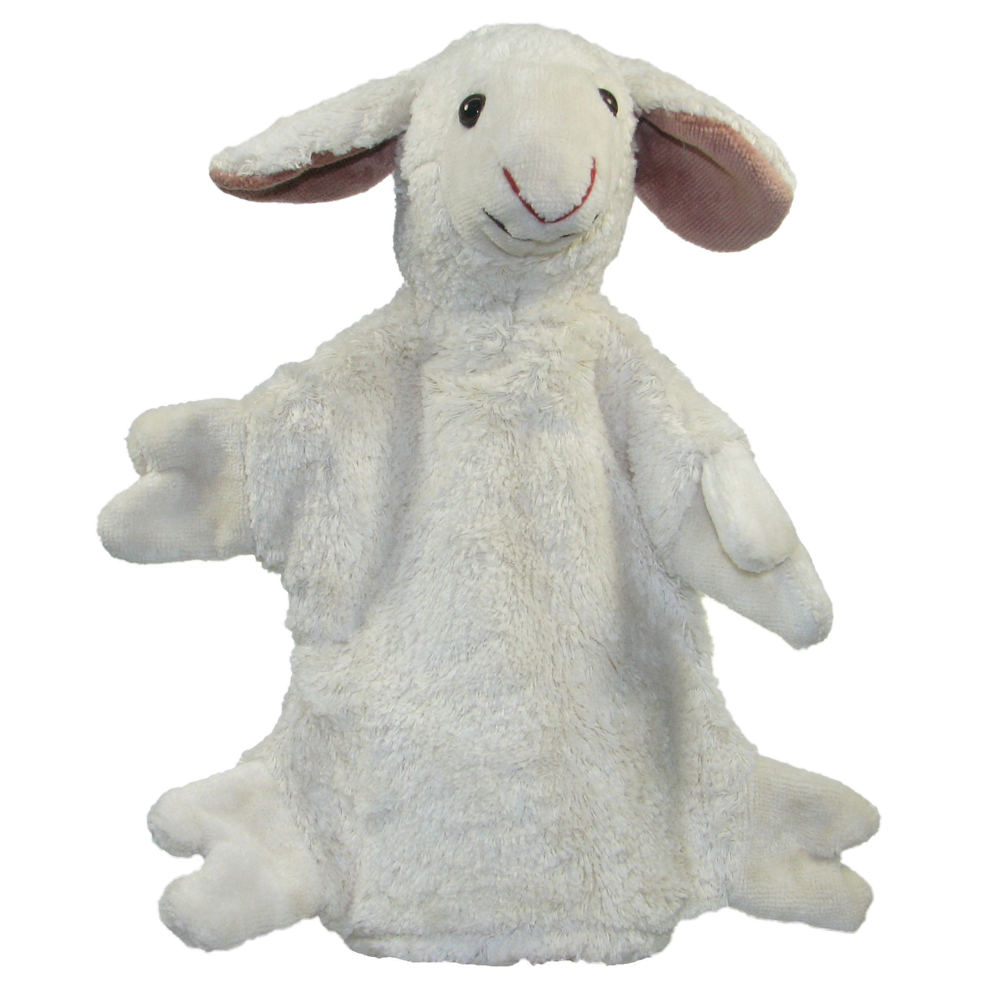 Kallisto hand puppet sheep front view, white natural-material puppet with floppy ears and white paws