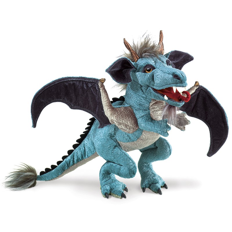 Folkmanis sky dragon hand puppet in teal blue with black wings, open mouth with red tongue and golden horns, side view