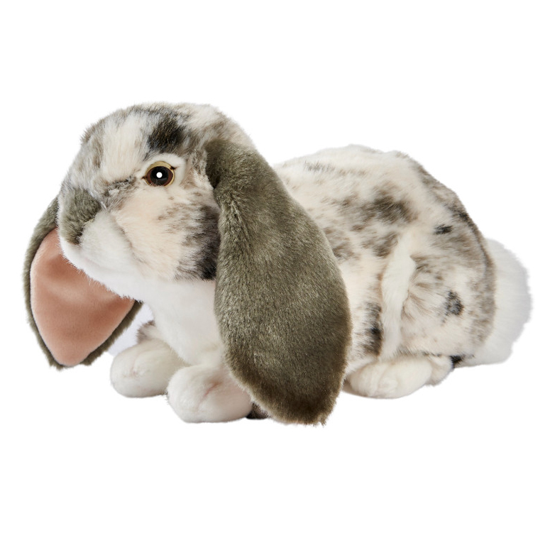 Lying lop-eared rabbit by Anima in grey and white with long floppy ears and pink inner ears