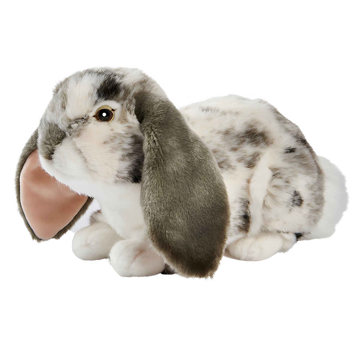 Lying lop-eared rabbit by Anima in grey and white with long floppy ears and pink inner ears