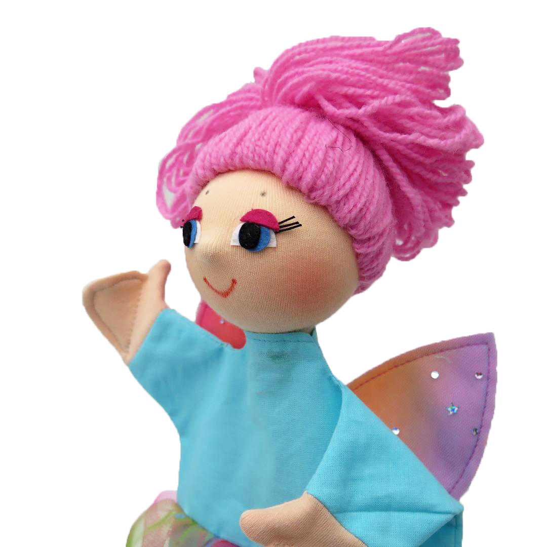 Punch and Judy puppet fairy Lili by munabo with pink woollen hair, turquoise dress and shimmering wings, close-up