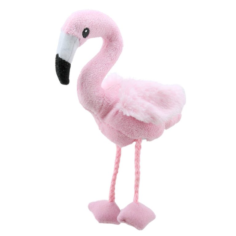 The Puppet Company finger puppet flamingo, pink finger puppet with a long neck and long fabric legs