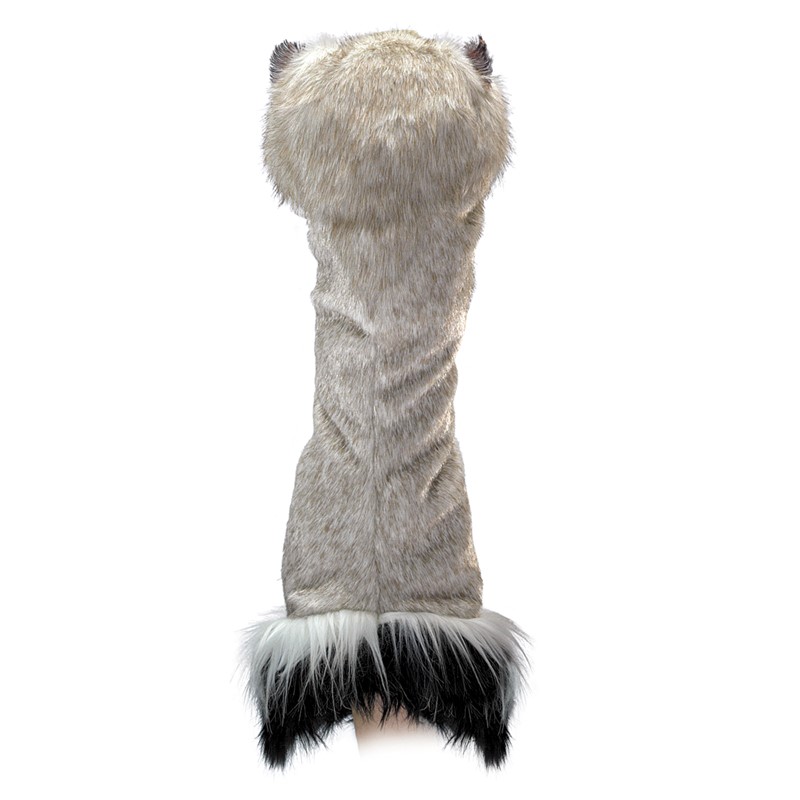 Folkmanis ostrich hand puppet shown from the back, grey-beige faux fur with black-and-white feather trim at the bottom edge and small ears at the top