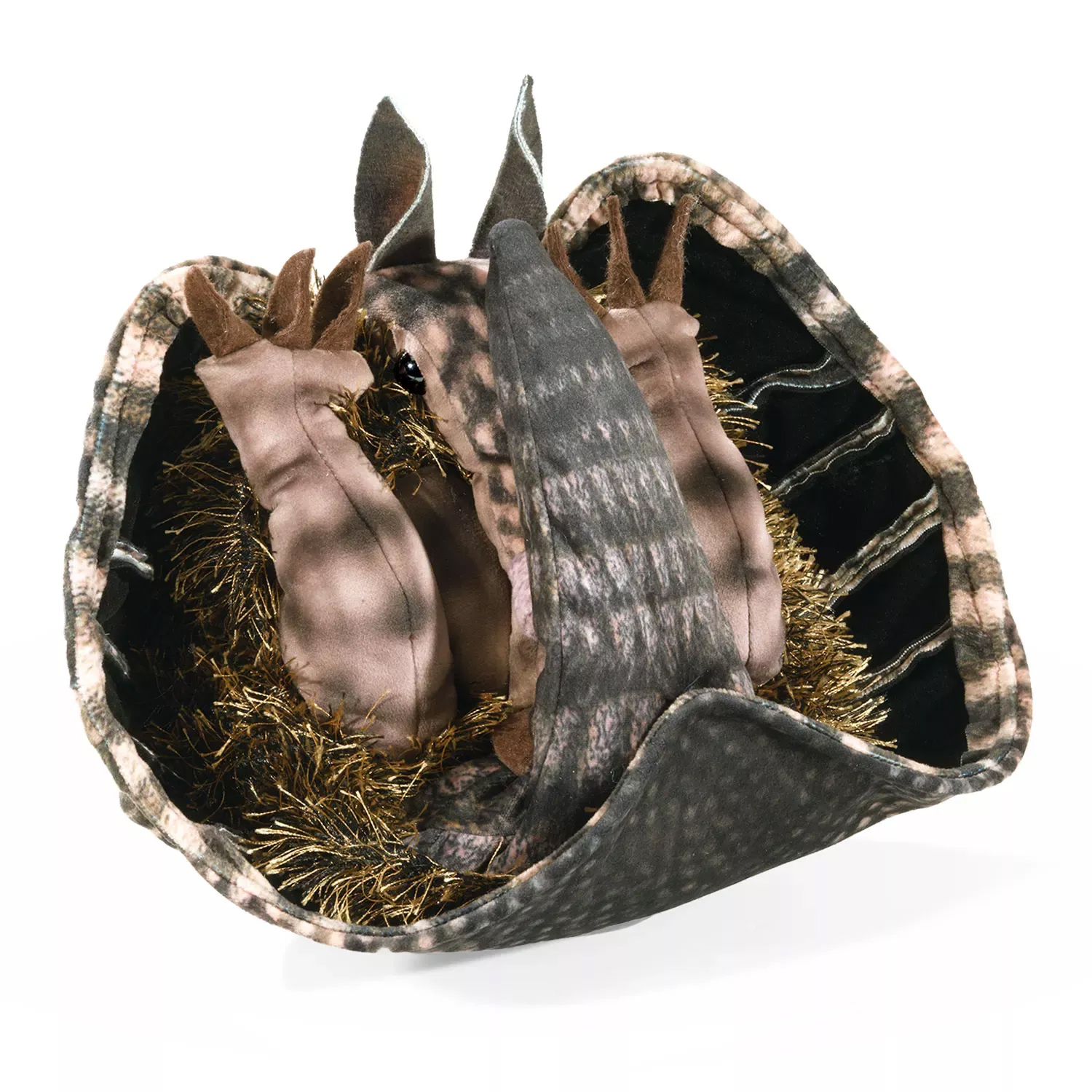 Folkmanis Handpuppe Gürteltier in grau-brauner Schuppentextur, zusammengerollt in geöffnetem Panzer mit goldenem Innenfutter, Aufsicht