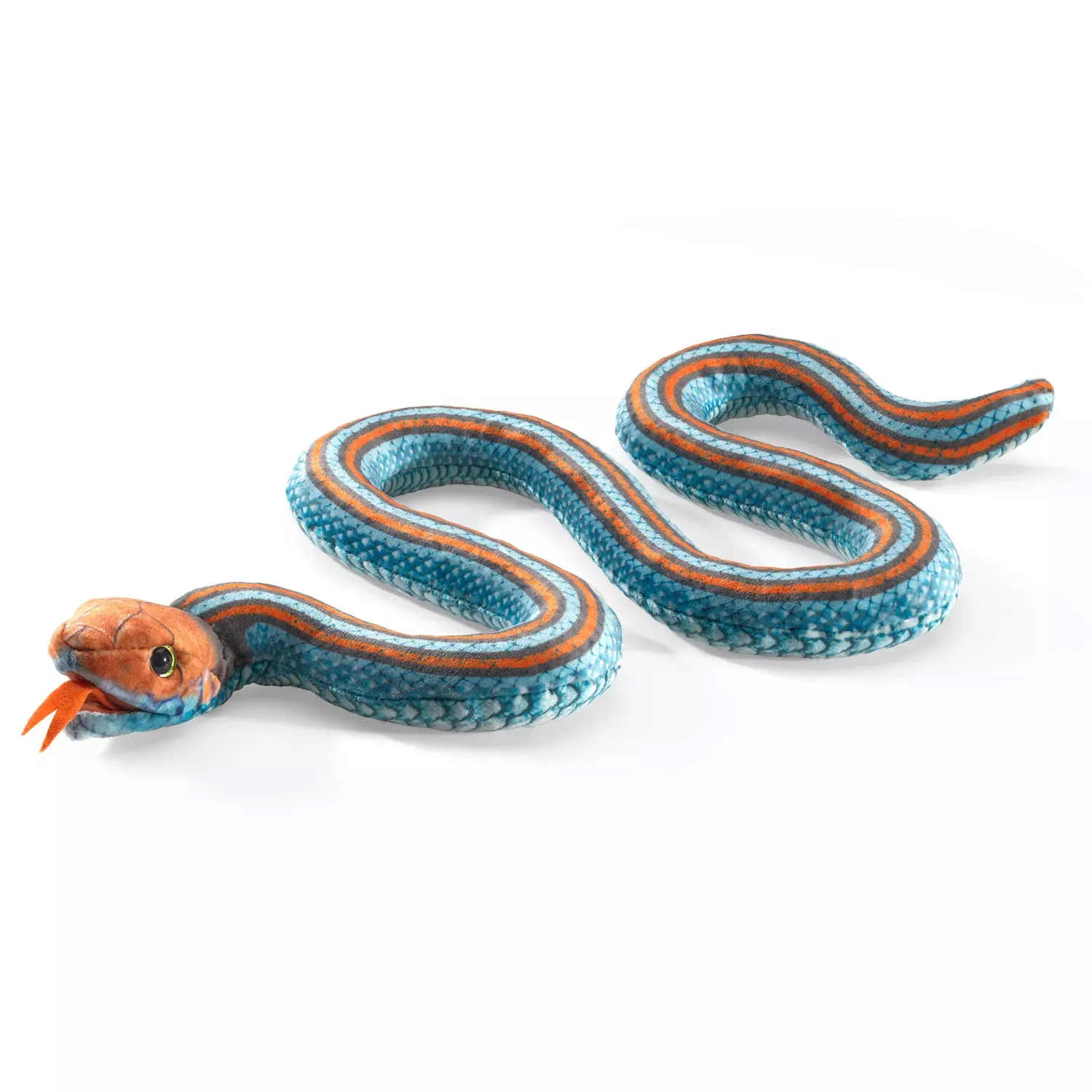 Folkmanis finger puppet garter snake in blue with orange longitudinal stripes, coiled in an S-shape, red head with forked tongue