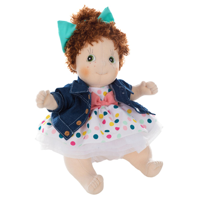 Rubens doll in the dotted dress with denim jacket and turquoise hair bow