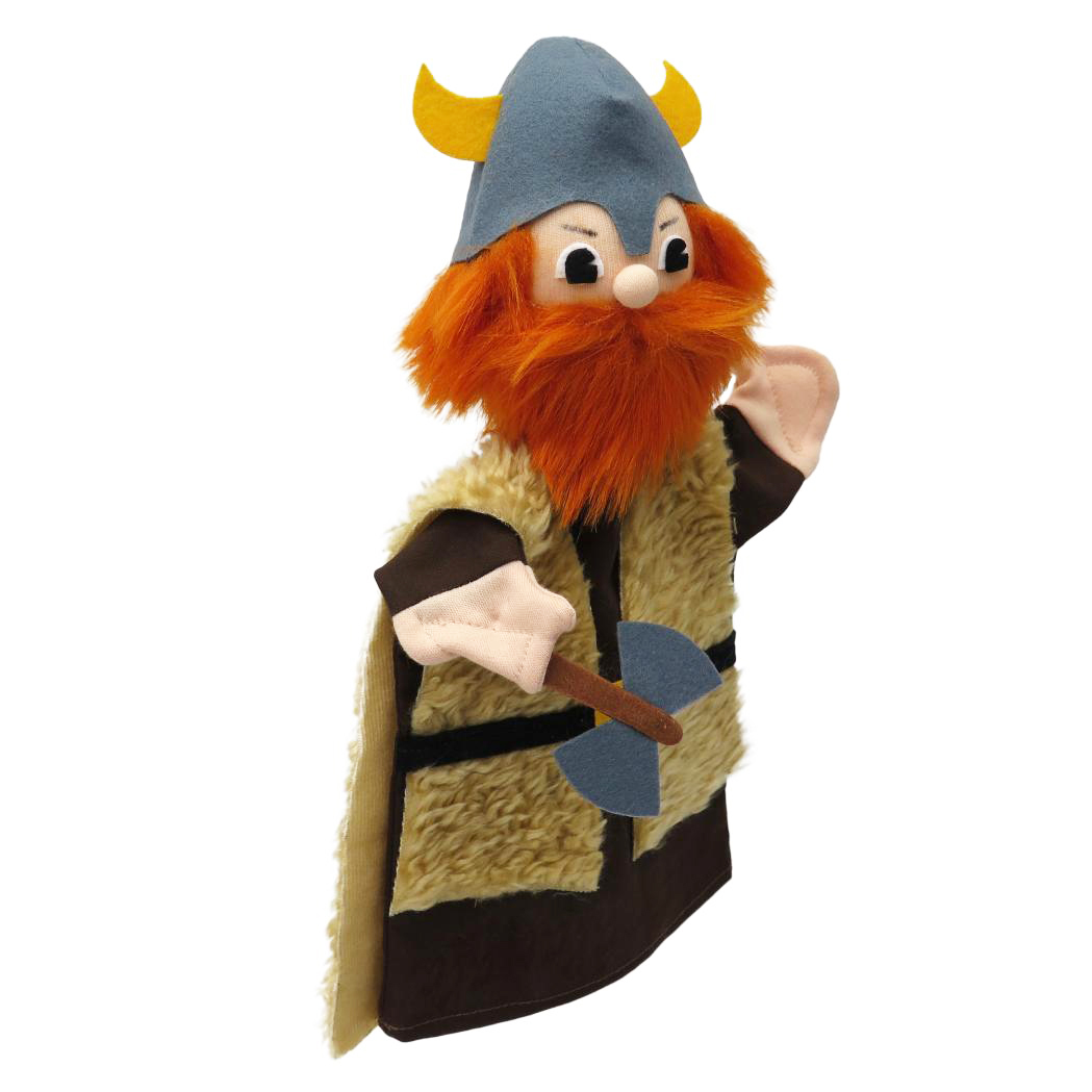 Punch and Judy puppet Viking by munabo with a horned helmet, red beard, fur vest and axe