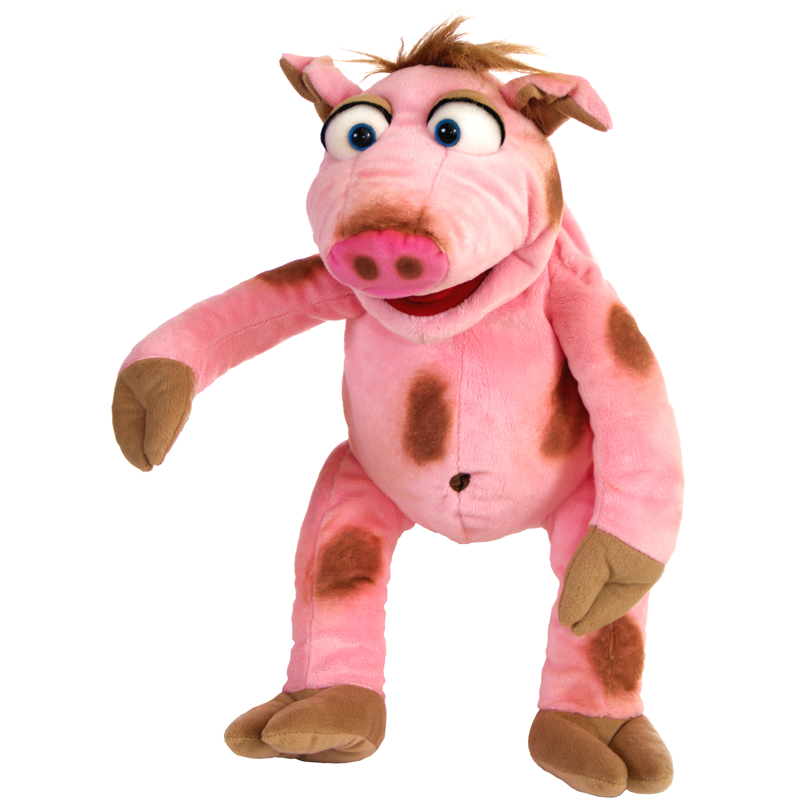 Living Puppets hand puppet Stulle the piglet, pink pig with brown spots, hooves and a pink snout, standing with one arm outstretched