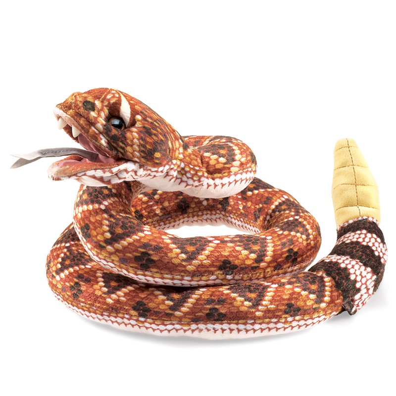 Folkmanis giant rattlesnake finger puppet coiled with open mouth, forked tongue, and yellow rattle end