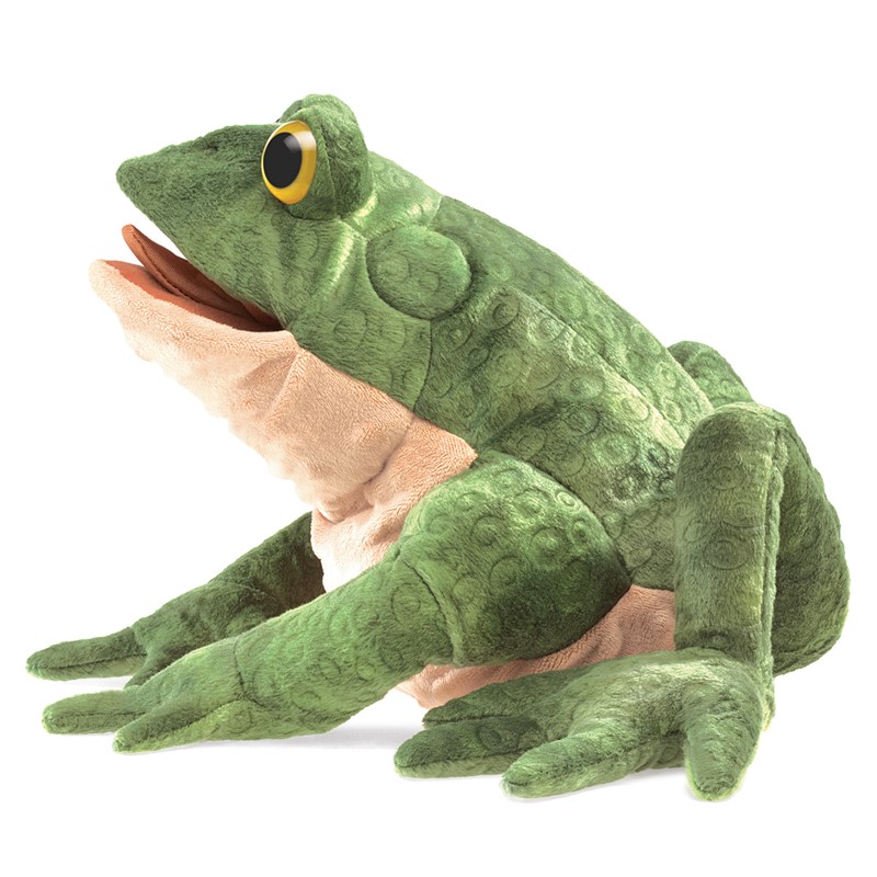 Folkmanis toad hand puppet in green with textured plush, yellow eye and open mouth, side view