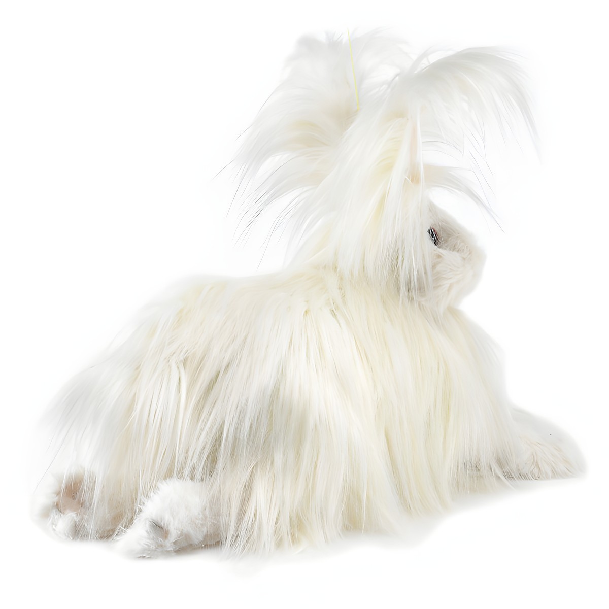 Folkmanis hand puppet Angora rabbit with white long fur, lying in side view, with lush fur on head and body