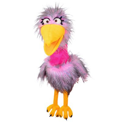 Living Puppets hand puppet Madame Quassel-Schlamassel, grey and pink bird with a yellow beak, pink ringed neck and yellow feet, front view