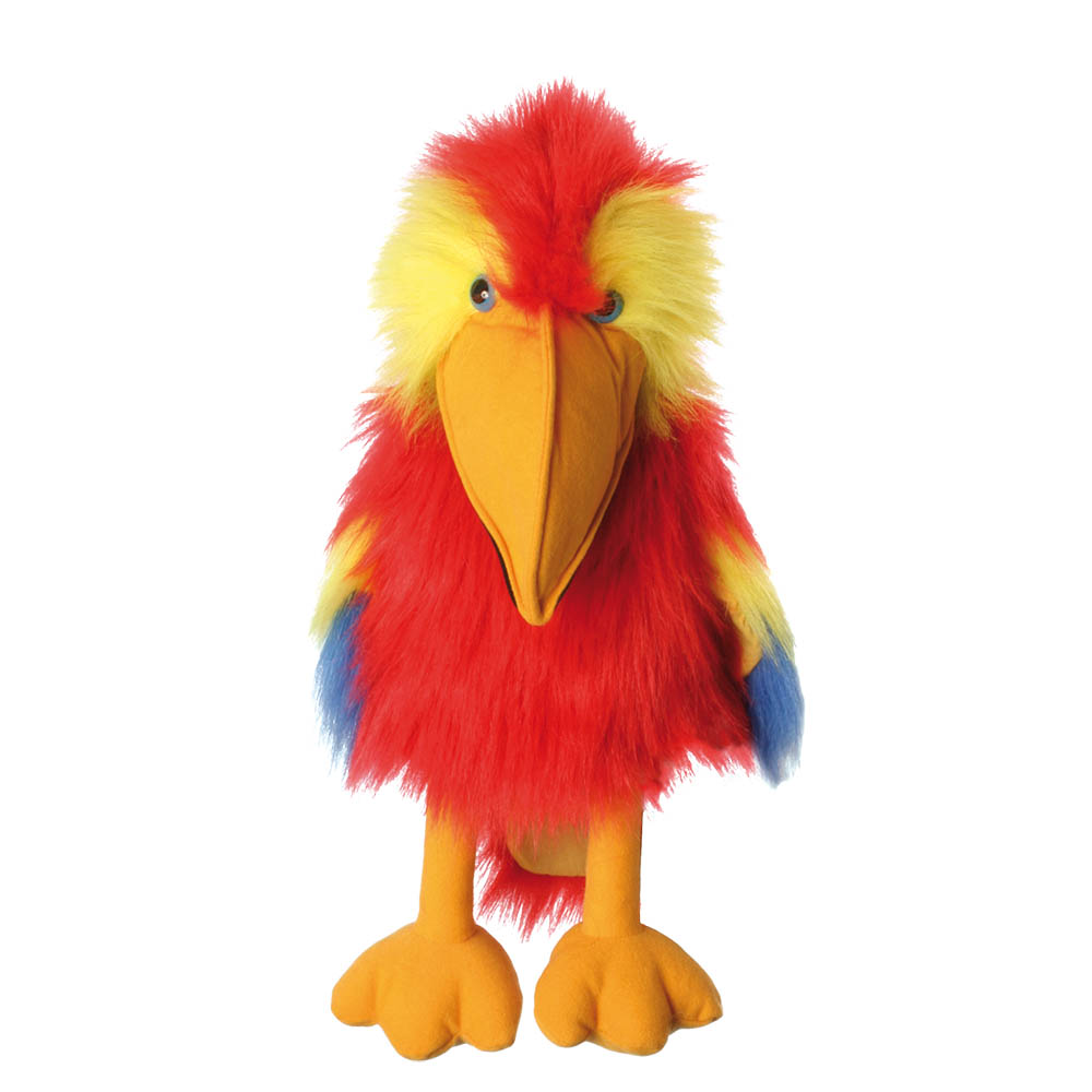 The Puppet Company hand puppet scarlet macaw, red parrot with a yellow head and orange beak