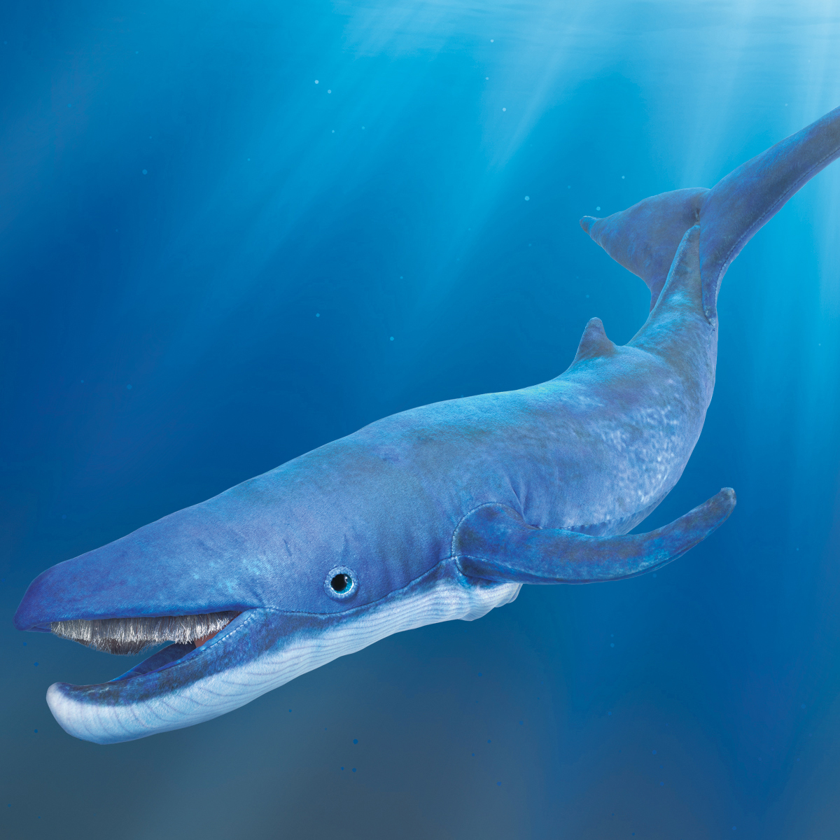 Folkmanis blue whale hand puppet in blue-grey with open mouth and baleen, side view against a deep blue underwater background