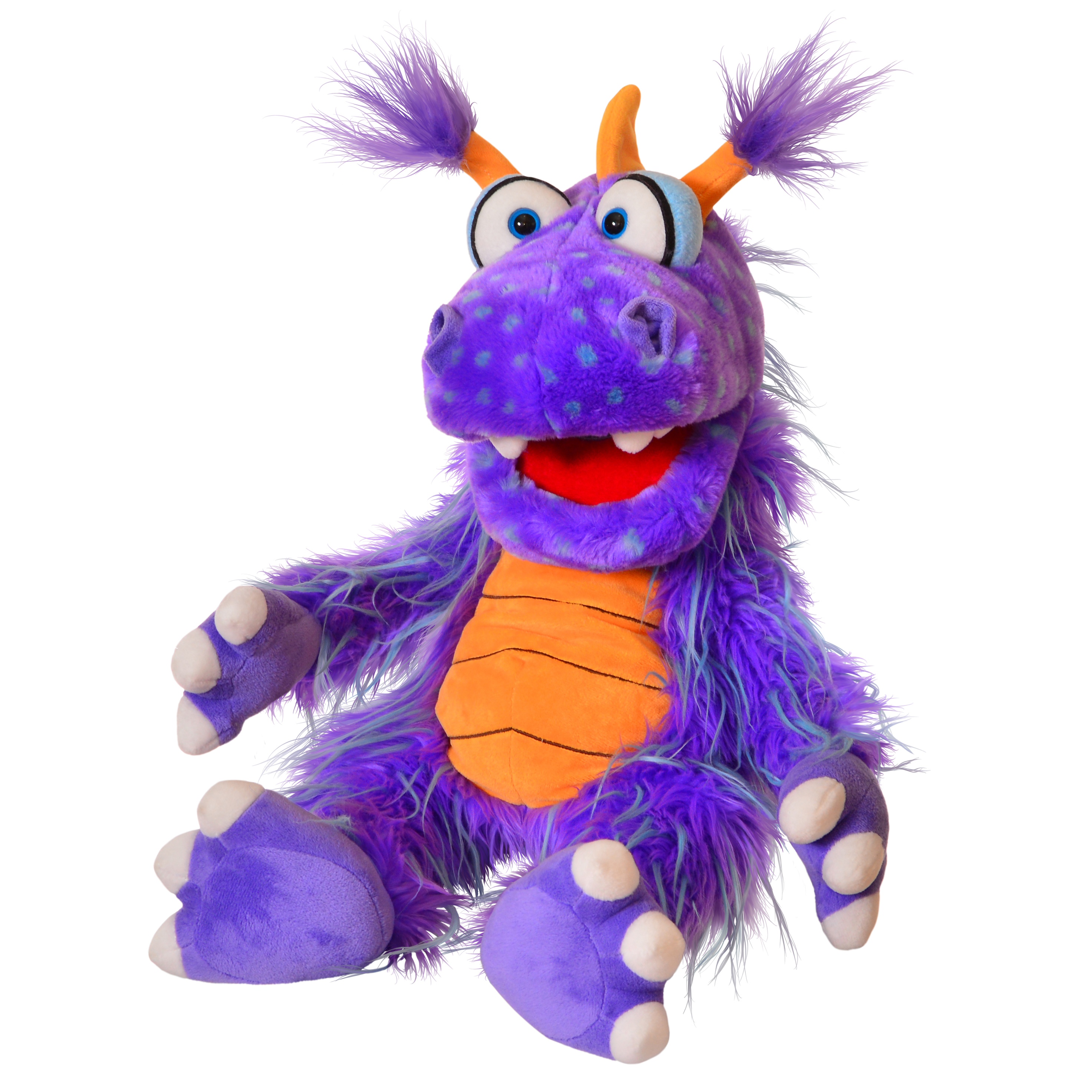 Handpuppe Ratschepü der Drache von Living Puppets in Dreiviertelansicht, sitzend mit angewinkelten Armen, zotteligem Lilafell und blauen Kulleraugen