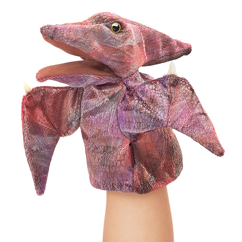 Folkmanis small Pteranodon hand puppet in red-violet textured plush with wings spread, shown on hand
